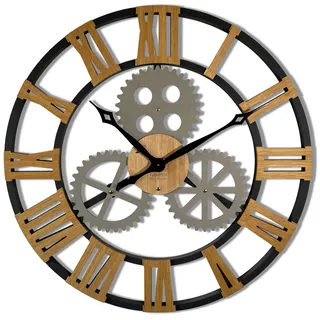 FLEXISTYLE Wanduhr Industrial Design groß 80 cm Durchmesser Retro Vintage holzoptik Eiche ohne tickgeräusche, Wohnzimmer (Schwarz)