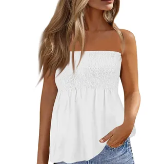 Vasreyy Damen Sommer Tank Top Elegant Sexy Y2K Schulterfrei Tube-Top Rückenfreies Ärmellos Blusen Trendy Elastische Gesmoktes Tunika Bandeau Slim Enge Schönes Schnitt Trägerloses Oberteil Streetwear