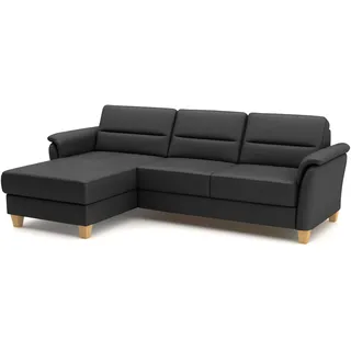 CAVADORE Leder-Eckcouch Palera mit Longchair / Landhaus-Sofa mit Federkern + massiven Holzfüßen / 244 x 89 x 163 / Leder Schwarz