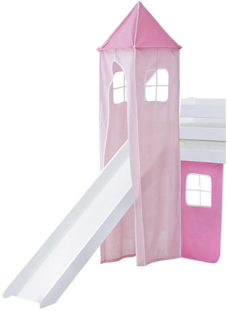 Bild von Hochbett Kasper mit Rutsche und Turm 90 x 200 cm Kiefer massiv weiß rosa/pink
