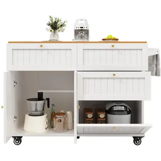 Okwish Kücheninsel mit Ausziehfunktion Speicherraum Küche 133 x 70x 88cm Weiß