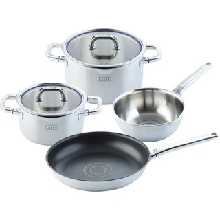 ELO Topfset LAFER, Kochtöpfe aus 18/10 Edelstahl mit Glasdeckel und Abgießrand, Kochgeschirr für Ceran-, Gas-, Elektro-, Induktionsherde - spülmaschinengeeignet, Menge: 1 x 4er Set - Grau