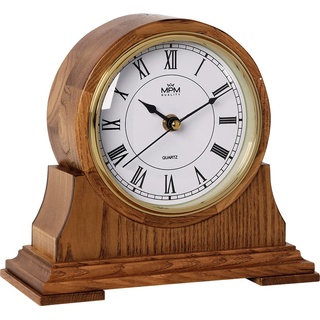 MPM Quality Retro Wood Tischuhr, Braun, Traditionelle und Elegante Holztischuhr, Römischen Ziffern, Präziser Quarz-Schrittmotor, Holz, schöne Wanddekoration für Wohnzimmer, Küche oder im Büro