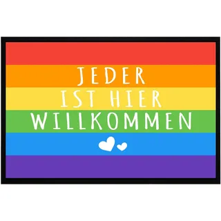 OM3® Regenbogen Fußmatte mit Spruch - Jeder ist Hier willkommen - Regenbogenfahne Pride LGBTQ - rutschfest & waschbar - 60x40cm -