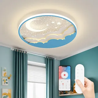 AHXIAOZN LED Kinder Deckenlampe, Stern Mond Deckenleuchte Mit Fernbedienung, Kinderzimmer Dimmbar Deckenleuchten, Kinderzimmer Schlafzimmer Lampe für Schlafzimmer Küche Esszimmer(Blau)