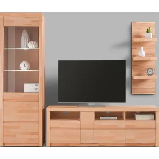 Wohnwand OTTO HOME "Silkeborg: 3-teilig, Breite: 220cm, Griffmulden, Fronten Massivholz", beige (kernbuche teilmassiv), Holzwerkstoff Kernbuchefarben (Korpus)/ Massivholz Kernbuche (Front), Holz teilmassiv, Kastenmöbel-Sets, Wohnwand, Set besteht aus 1Vitrine, 1Lowboard und 1Wandregal, Kabeldurchführung