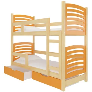 Feldmann-Wohnen Hochbett Osuna Kiefer Natur / orange 81 / 188 / 169cm , Orange, Kieferfarben , Holzwerkstoff , 2 Schubladen , Rechteckig , 80x190 cm , Babymöbel & Kindermöbel, Kinderzimmer & Jugendzimmer, Kinderbetten, Hochbetten