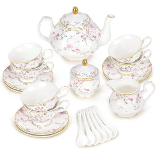 fanquare Rosa Blumen und Reben Teeservice am Nachmittag, 21 Stück Britisches Porzellan Teekannen-Set, Vintage Hochzeit Party Kaffee Set, Erwachsene Teeservice für 6 Personen