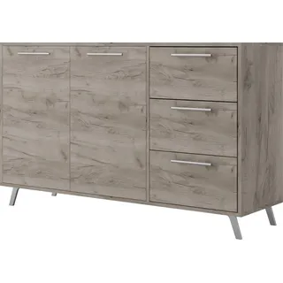 BETTSO Kommode Schubladenkommode Highboard Schrank Beistelltisch mit 2 Türen 3 Schubladen Silber griffe für Wohenzimmer BALL Eiche Wellington - Silber