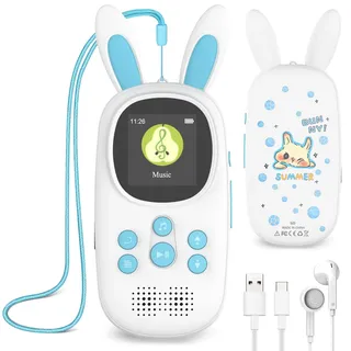 32GB Bluetooth MP3 Player Kinder, Niedlicher Hase Kinder Musik MP3 Player mit Kopfhörer & Lautsprecher, MP3-Player mit FM Radio, Aufnahmen, Alarm, Schrittzähler, Stoppuhr, Unterstützung bis zu 128GB