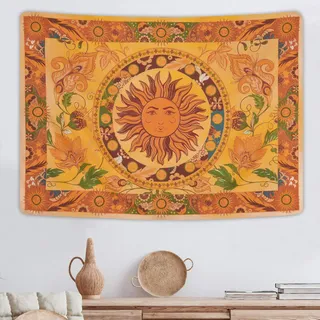 Yugarlibi Sonne Wandteppich Mandala Wandteppich Boho Vintage Blumen Wandbehang Orange Konstellation Wandbehang für Schlafzimmer Wohnzimmer Eingangshalle Hotel 150x130cm