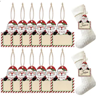 12 STK Geschenkanhänger Weihnachten Etiketten Zum Beschriften Holz Weihnachtsstrumpf Tags Anhängeschilder Weihnachtsmann Personalisierte Anhänger Ornament mit Schnur für Weihnachtsbaum Dekoration DIY