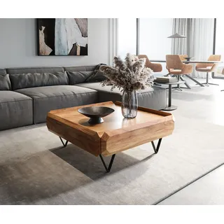 DELIFE Couchtisch Kiano 90x90 cm Akazie Natur 2 Schübe V-Fuß Schwarz - Hellbraun, Braun