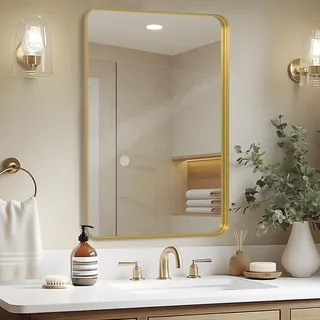 LunaMirror Wandspiegel 50x75 cm, Badezimmer, Schminkspiegel, Schattenbox, goldener Rahmen, Heimdekoration, rechteckig, hängend, gebogene Ecken, Flur, Eingang, Wohnzimmer