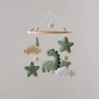 Lanttoe Waldino Baby Mobile Babybett, handgemachtes Filz Babymobile mit Dino, Sternen und Wolken, Mobile Babybett aus Holz, Babyzimmer Deko für Jungen und Neugeborene