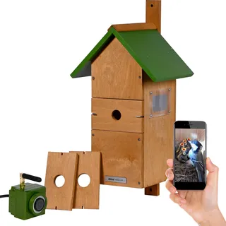 Dobar dobar® Nistkasten Spitzdach aus Holz inklusive HD WiFi-Kamera und App mit austauschbaren Einfluglöchern - 25,5 x 22,5 x 53 cm