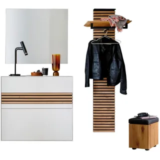 Schöner Wohnen Garderobe , Weiß, Eichefarben , Holz, Glas, Textil , 4-teilig , Kerneiche , massiv , 167x196x35 cm , Garderobe, Garderoben-Sets & Garderoben-Serien, Garderoben-Sets