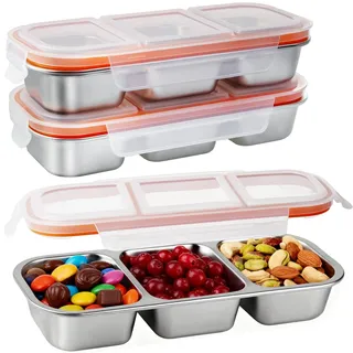 Greentainer 3 pcs Snackbox mit 3 Fächern,Snackteller mit Deckel aus Edelstahl,Wiederverwendbar Unterteilte Snackdose für Süßigkeiten Nüsse Keksen und Gemüse,Snack Tray To Go für Kinder und Erwachsene