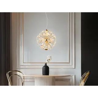 Globo Lighting Hängeleuchte Metall goldfarben, K9 Kristalle klar, Kabel PVC transparent, Höhe kürzbar, ø: 280mm, H: 1500mm, inkl. LED 12W 230V, 1900lm Source, 1400lm Output, 3000K - Gold