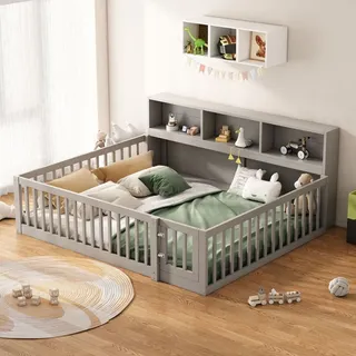 SOFTWEARY Kinderbett mit Lattenrost 140 x 200 cm Kiefer grau