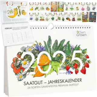 OwnGrown Saatgut Kalender 2025 Wandkalender A4: Garten Wandkalender 2025 – Monatskalender mit 24 Sorten Gemüse Samen, Kräuter, Obst, Blumen – OwnGrown Jahreskalender 2025