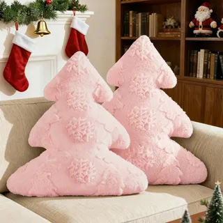 Lanpn 2 Stück Weihnachtsbaum Kissen Weihnachtskissen, Schneeflocke und Baum Weihnachts Kissen Dekokissen Flauschiges Zierkissen für Party Bett Sofa Couch Weihnachtsdeko (Rosa, 40,5x45,5cm)
