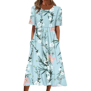 Damen Kurzarm Rundhals Sommerkleid Tunikakleid Knielang Boho Blumendruck Midi Kleid Sommer A-Linie Leicht Lose Midikleid Strandkleider Freizeitkleid Mit Taschen