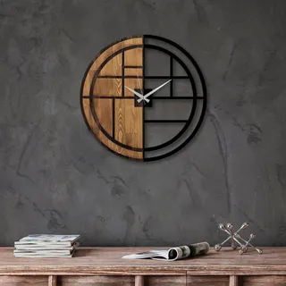 Opviq, Elegante Wanduhr aus Holz (Walnuss & Schwarz) - 56 cm | 100% Holz - Braun, Schwarz