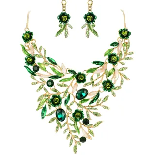 Clearine Blatt und Blume Schmuckset Hochzeit Braut Cluster für Damen Party Kristall Emaille Erklärung Halskette und baumeln Ohrringe Schmuck Set Smaragd Grün Gold Ton