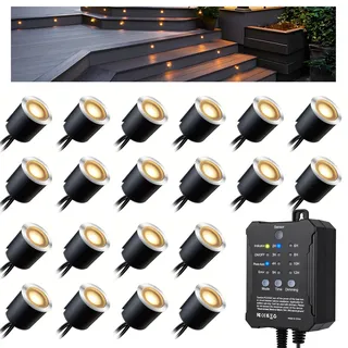 Arotelicht 20er LED Bodeneinbaustrahler Dimmbar Aussen 0,6W Warmweiß mit Timer und Photozellensensor 12V Transformator Ø32mm Terrassen Einbaustrahler IP67 Wasserdicht Garten Balkon Einbauleuchte