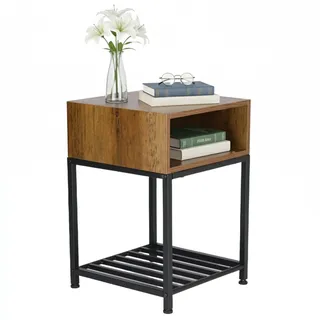Relaxdays Nachttisch mit Fach & Ablage, HBT: 58x40x40 cm, Industrial, Holzoptik, Metall, Nachtschrank, braun/schwarz