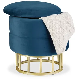 Relaxdays Samthocker mit Stauraum, runder Sitzhocker, gepolstert, Wohnzimmer, H x D: 40 x 40 cm, Hocker Samt, blau/gold