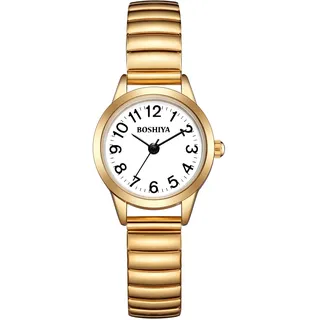 BOSHIYA Damen Armbanduhr Edelstahl Zugband Elegant Analog Quarz Uhr mit Großen Digital Zifferblatt Elastisch Armband Kleine Armbanduhr Damen Gold