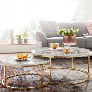 FineBuy Couchtisch 2er Set Weiß Gold Marmor Optik Sofatisch Rund Modern Beistelltisch 2-teilig Metall Runde Wohnzimmertische Design Satztische - Gold