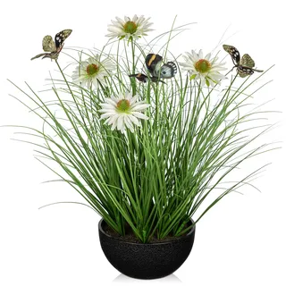 Oairse Kunstpflanze Dekogras Kunstpflanze Zwiebelgras mit Gänseblümchen und Schmetterling, Dekoratives Künstliches Grün, Freistehend für Zuhause, Büro, Hotel, Party, Hochzeit Dekoration, Weiß