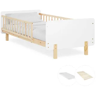 Homestyle4u Kinderbett 90x200 mit Rausfallschutz Weiß Holzbett Matratze Lattenrost Kiefer Massivholz - Weiß