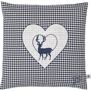 myZirbe Zirbenkissen Bestickt mit Hirsch und Herz blau karriert Größe 40x40 cm befüllt mit Zirbenflocken aus Zirbenholz in extra Inlett