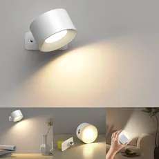 Wandleuchte Innen, Wandlampe mit Akku,3 Farbe und 3 Helligkeitsstufen LED 360° Drehbare Touch Control Kabellose Lampe Einstellbar (Weiss)