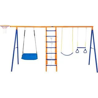 VEVOR Schaukel-Sets für den Garten, 6-in-1-Schaukel-Set mit 2 Schaukeln, Trapezstange, Kletterleiter, Kletternetz und Basketballkorb, 200 kg Tragkraft, robustes Metall-Schaukel-Set für den Außenbereich für Kinder ab 3 Jahren - Gelb, Schwarz