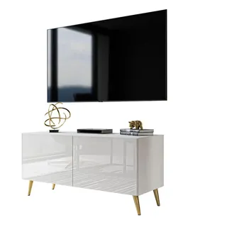 lookway Aura TV-Rack 100x49x40 cm Weiß Hochglanz/Gold Metall/Holzwerkstoff