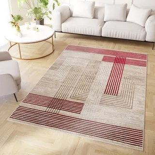 TAPISO Crystal Teppich Kurzflor Glänzend Burgund Beige Weiß Streifen Geometrisch 3D Effekt Wohnzimmer Schlafzimmer Modern Design ÖKO-TEX 180 x 250 cm