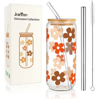 Joeyan 600ml Glas Trinkbecher mit Deckel und Strohhalm,Trinkgläser Dosenform mit Blumenmuster,Longdrinkgläser für Eiskaffee Bubble Tee Smoothies,Glaswaren Geschenk