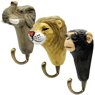 your castle Wandhaken 3er Set: Elefant/Löwe/Affe Tiere Kinderzimmer – Garderobenhaken aus Holz | Kleiderhaken für Jungen & Mädchen | Wandgarderobe Kinder Tiermotive Deko, ca. 12x5x5 cm