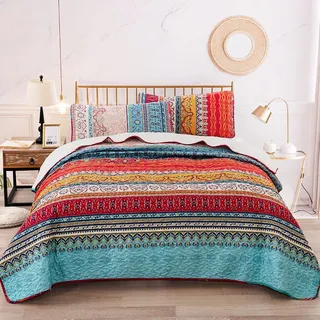 Tagesdecke 220x240 cm, gesteppte Decke im Boho-Stil, 3-teiliges Set, gesteppte Mikrofaser-Tagesdecke für Doppelbett mit 2 Kissenbezügen 50x70 cm für Schlafzimmer als Sofabezug (Bohemian)