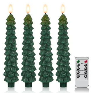 Eldnacele Weihnachtsbaumkerzen mit Fernbedienung und Timer, 4 Stk Wachs-LED Stabkerzen Flackernd, Batteriebetriebene Flammenlose Kerzen mit 3D Docht, Grüne Kerzen für Kamin- und Wohnungsdeko