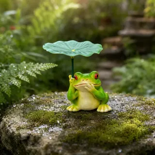 Larfraecy Frosch Deko Figur für den Garten, Niedliche Gartenfigur mit Seerosenblatt-Schirm, aus Harz, 4,5 x 8 cm, wetterfest und handbemalt, für Balkon und Terrasse