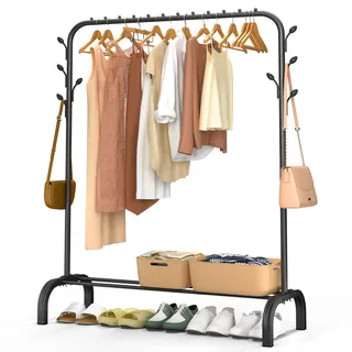 VOUNOT® Kleiderständer Metall, Kleiderstange Garderobenständer mit Schuhregal und 8 seitlichen Haken, Stabil, Schwerlast, für Schlafzimmer Flur Ankleidezimmer, 110x41x150cm Schwarz