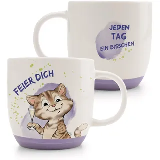 Tasse Katze Feier Dich 400ml 9,5x9,5cm - lila - Hochwertige Porzellan-Tasse, liebevoll gestaltet, niedliches Accessoire für Küche, Büro & Zuhause – süßes Geschenk für Lieblingsmenschen | 63008