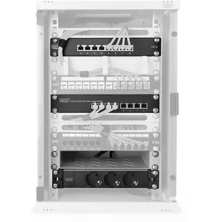 Digitus 10-Zoll Set - Netzwerk-Schrank 9HE Grau - Fachboden - Steckdosenleiste - 8-Port Patch-Panel - 8-Port Gigabit-Switch
