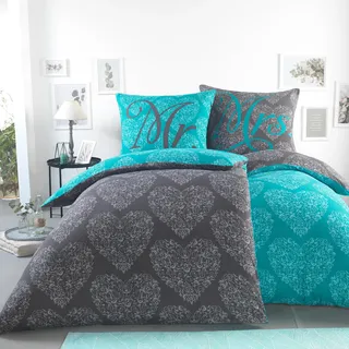 BaSaTex Microfaser Partner Bettwäsche mit Wendemotiv | 2X 135x200 Bettbezug + 2X 80x80 Kissenbezug | Mikrofaser Bettwäsche Set 4 teilig für Paare | Design: Ornaments Hearts Turquoise